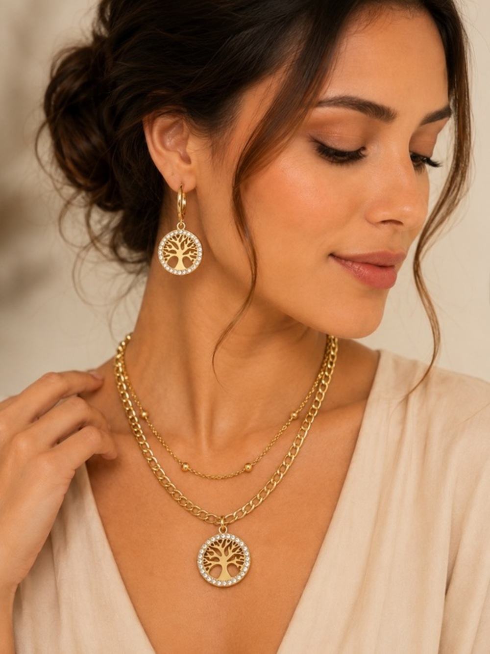 Jewelry Set Gold Tree of Life Necklace Crystal & Dangle Earrings